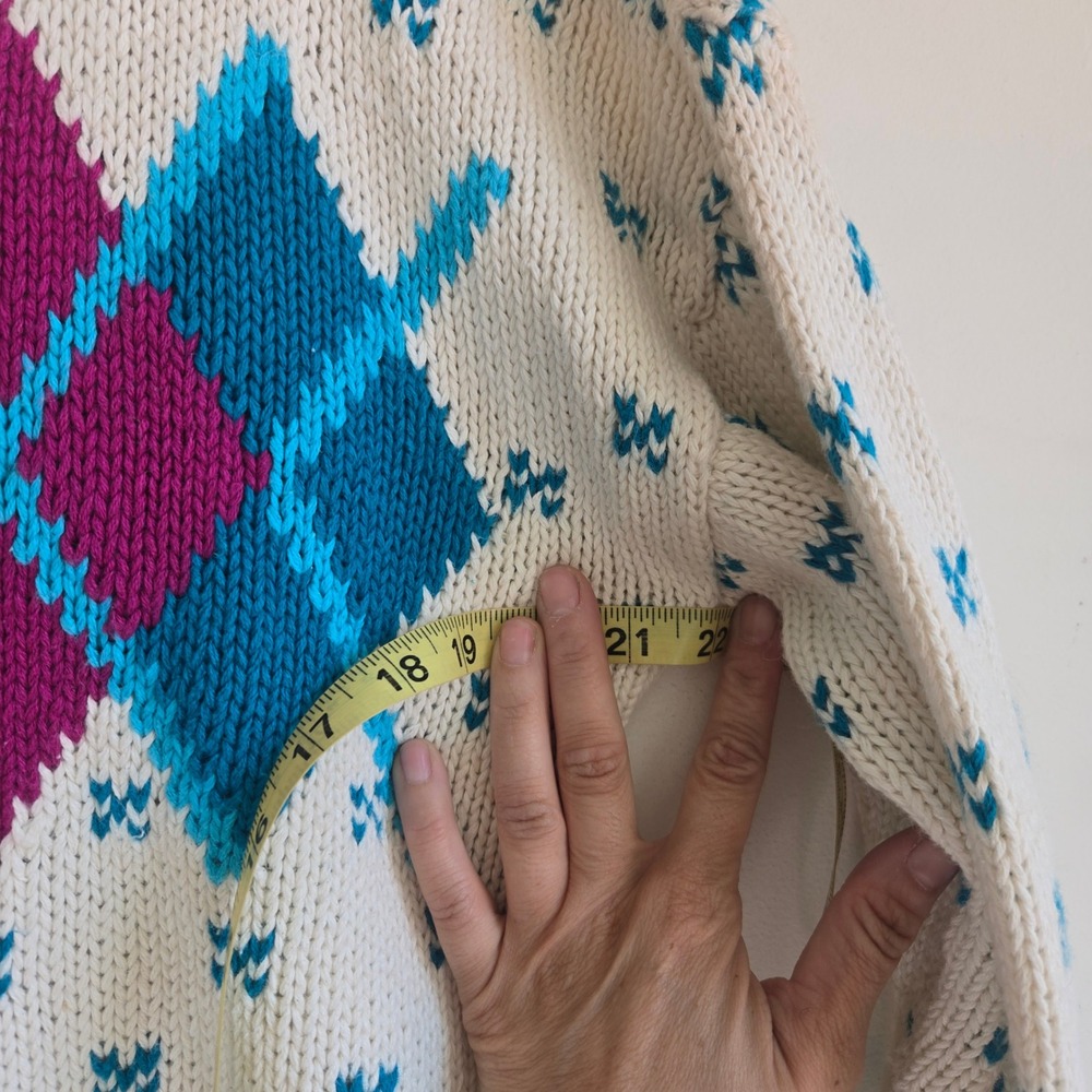 Michelle Stuart Medium Cardigan Womens White Argyle Excellent Hand Knit‎ Ramie - Picture 6 of 7